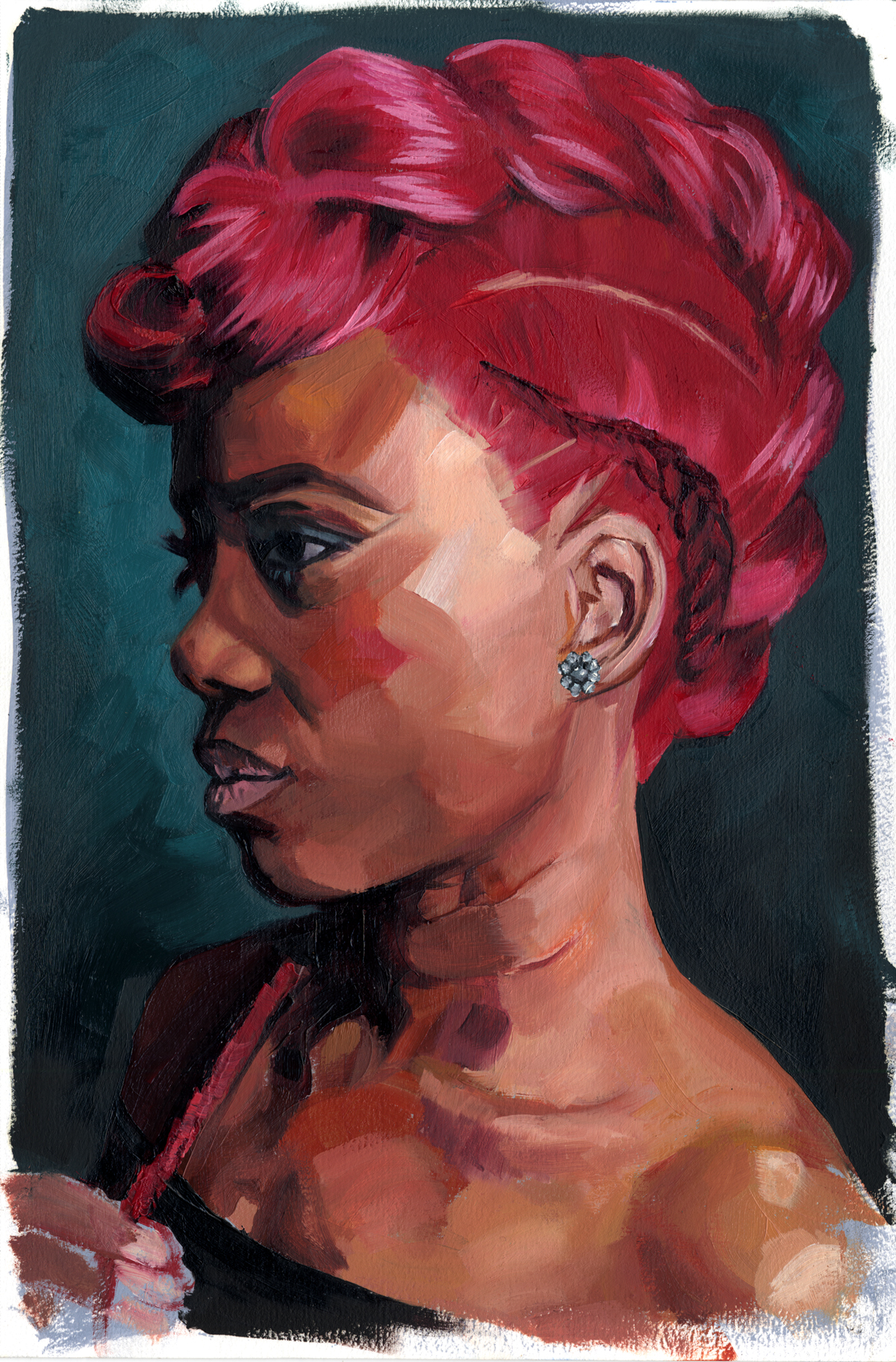 Oil painting of a young Black woman with red hair. She has a large braid down the center of her head.